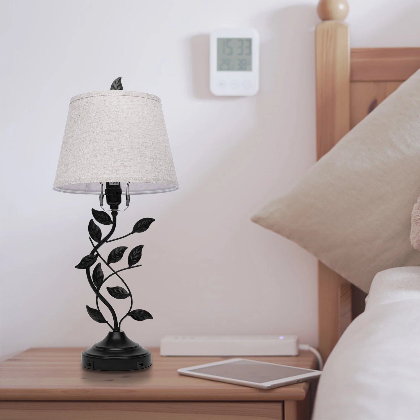Table Lamp With USB Ports Iron And Linen Shade Living