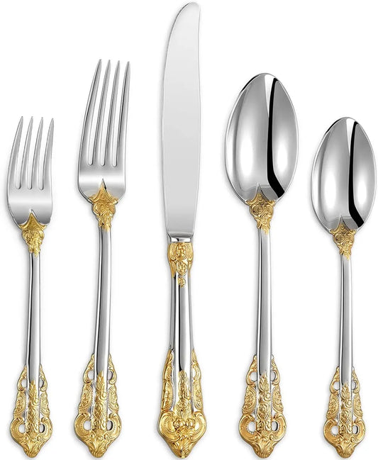 Stainless Steel Flatware Set Service for 4 With Gold Accent