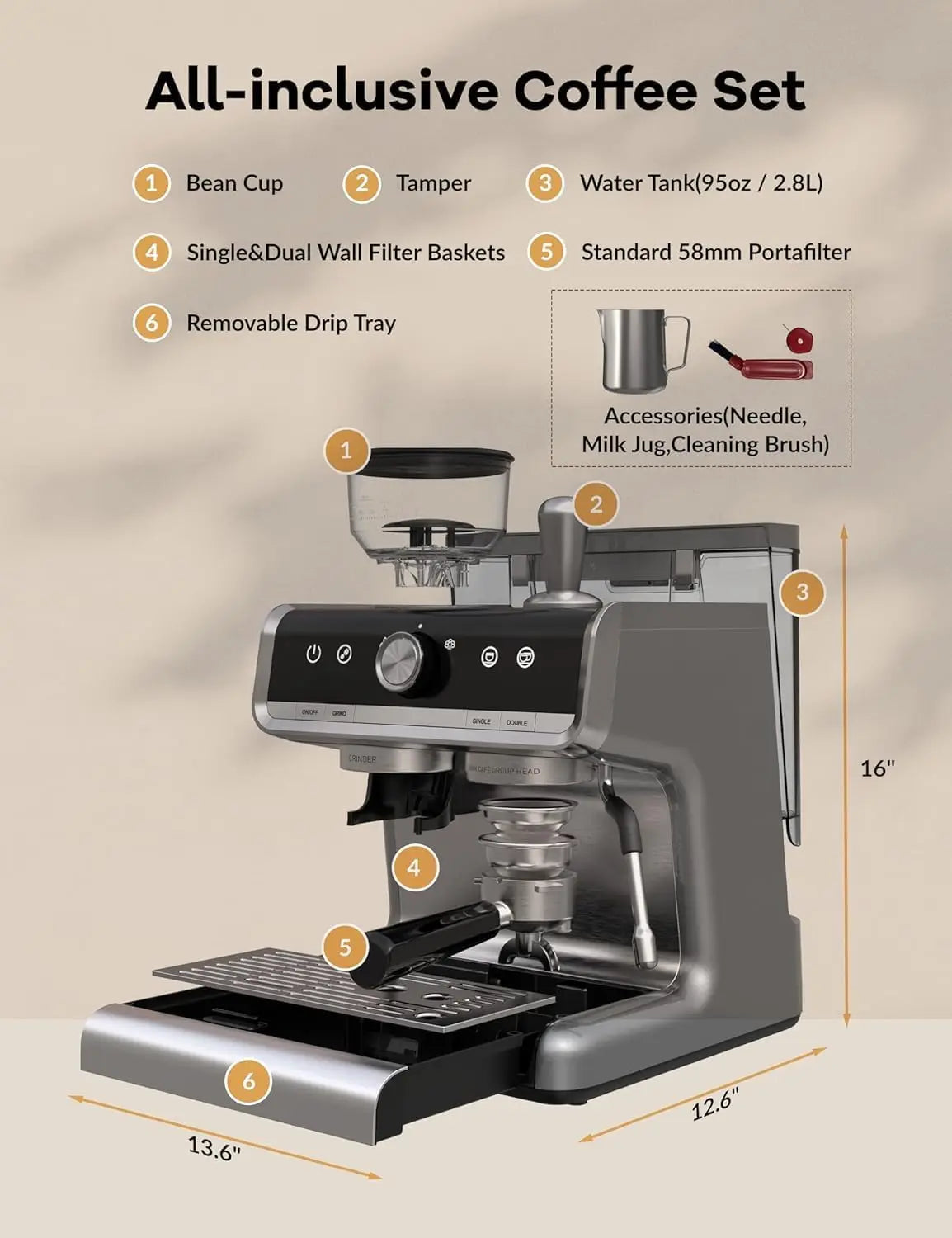 Acekool Espresso Machine With Grinder And 1450W 20 Bar Pump