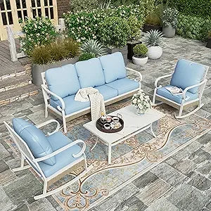Outdoor 4-Piece Patio Set With Metal And Rattan Rocking Chairs And Marble Table