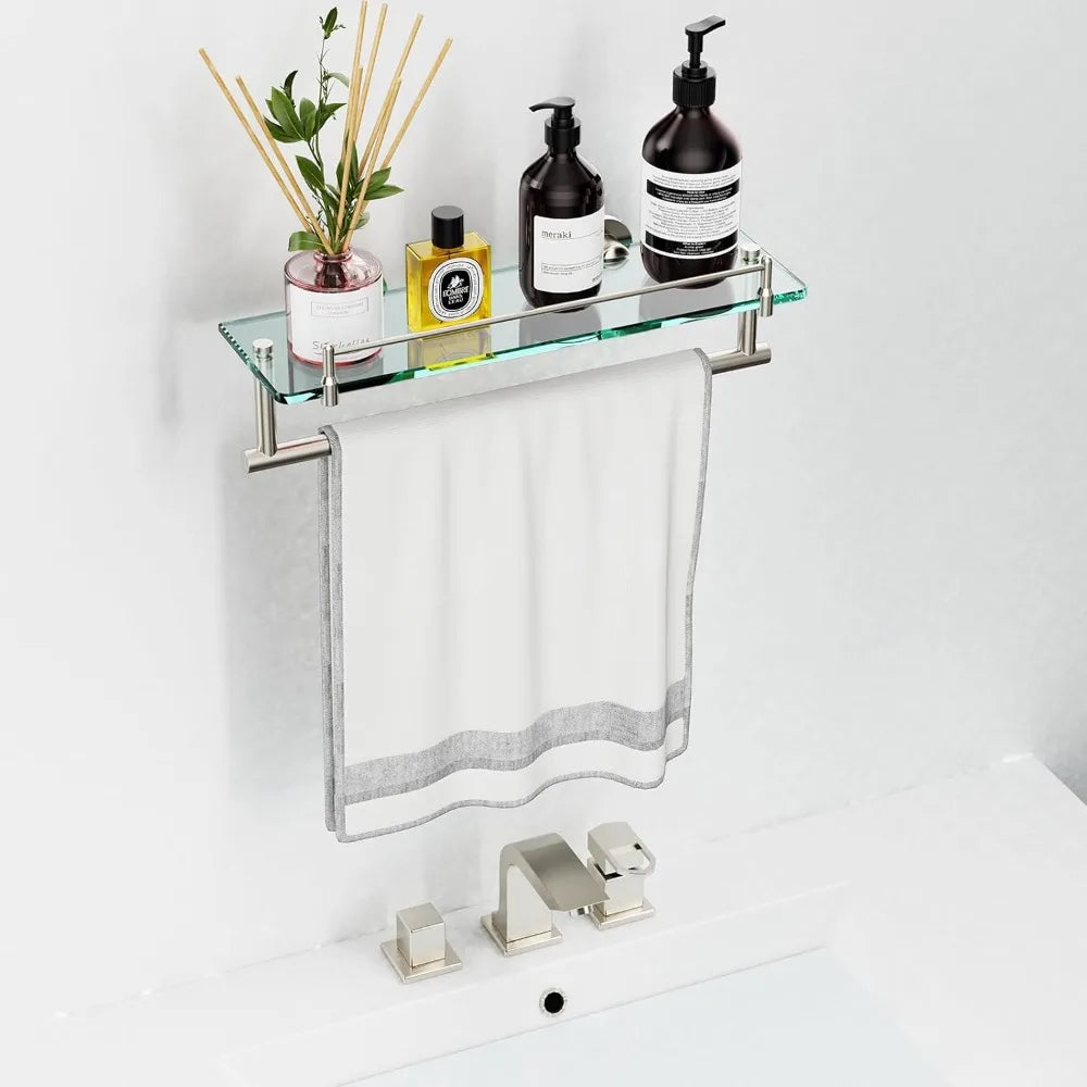 Glass Bathroom Shelf With Towel Bar In Brushed Nickel Finish