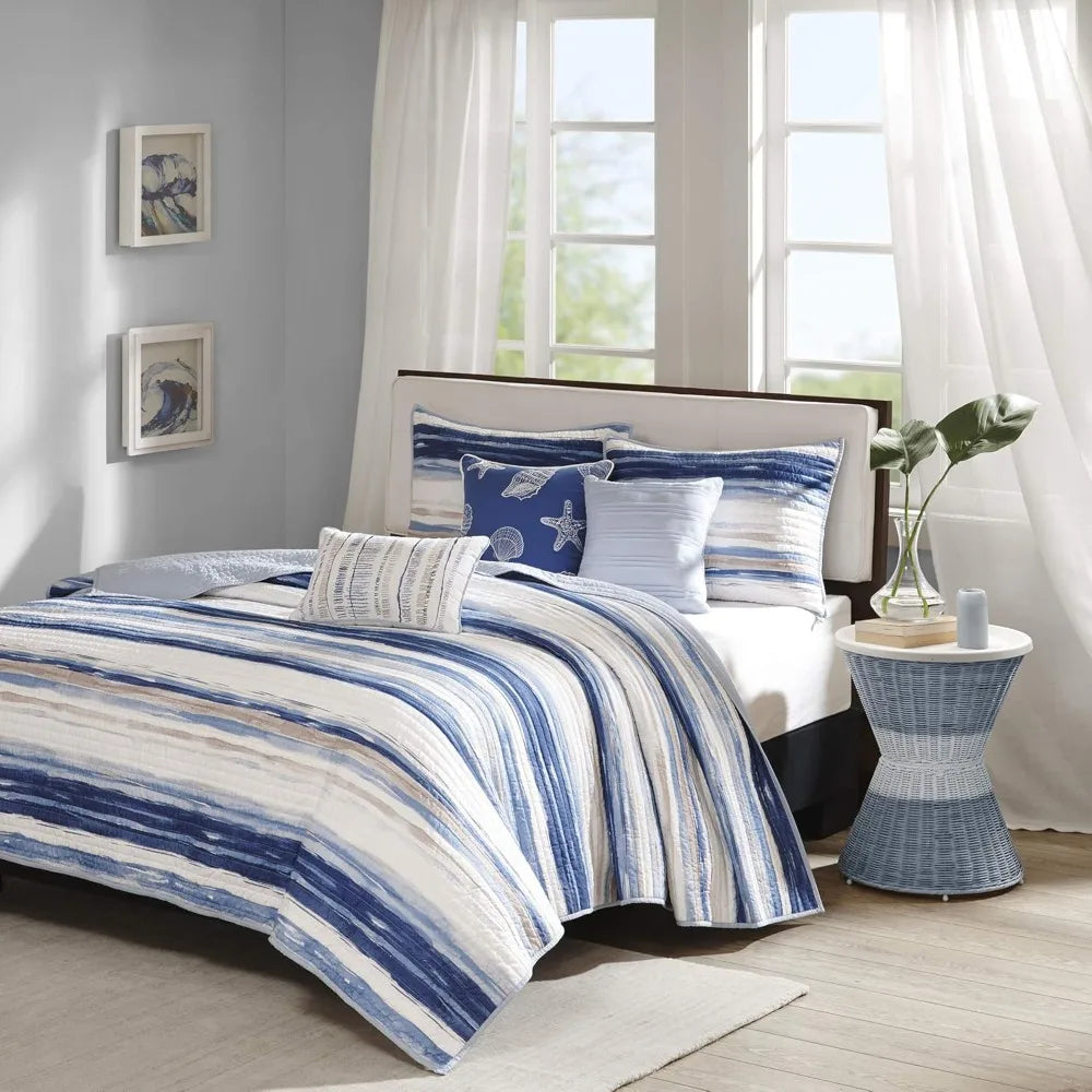 Coastal Cotton Quilt Set With Ruffle Trim Lightweight Coverlet