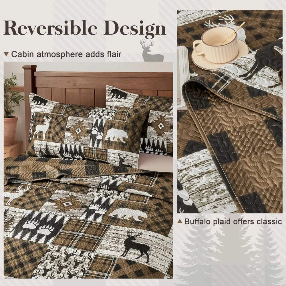 3 Piece Rustic Cabin Quilt Set Reversible Farmhouse Bedspread