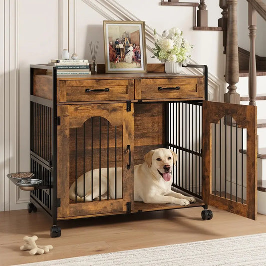 Wooden Dog Crate Furniture Kennel With Two Storage Drawers