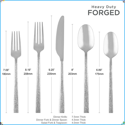 Hammered Stainless Steel Flatware Set Service For Four Dishwasher Safe