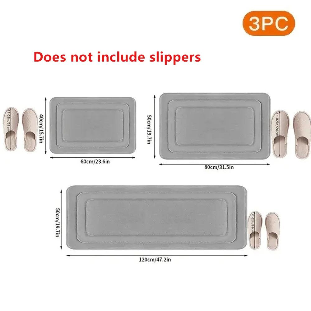 NONECN 3-Piece Absorbent Memory Foam Bath Mats Set Non Slip Quick Dry