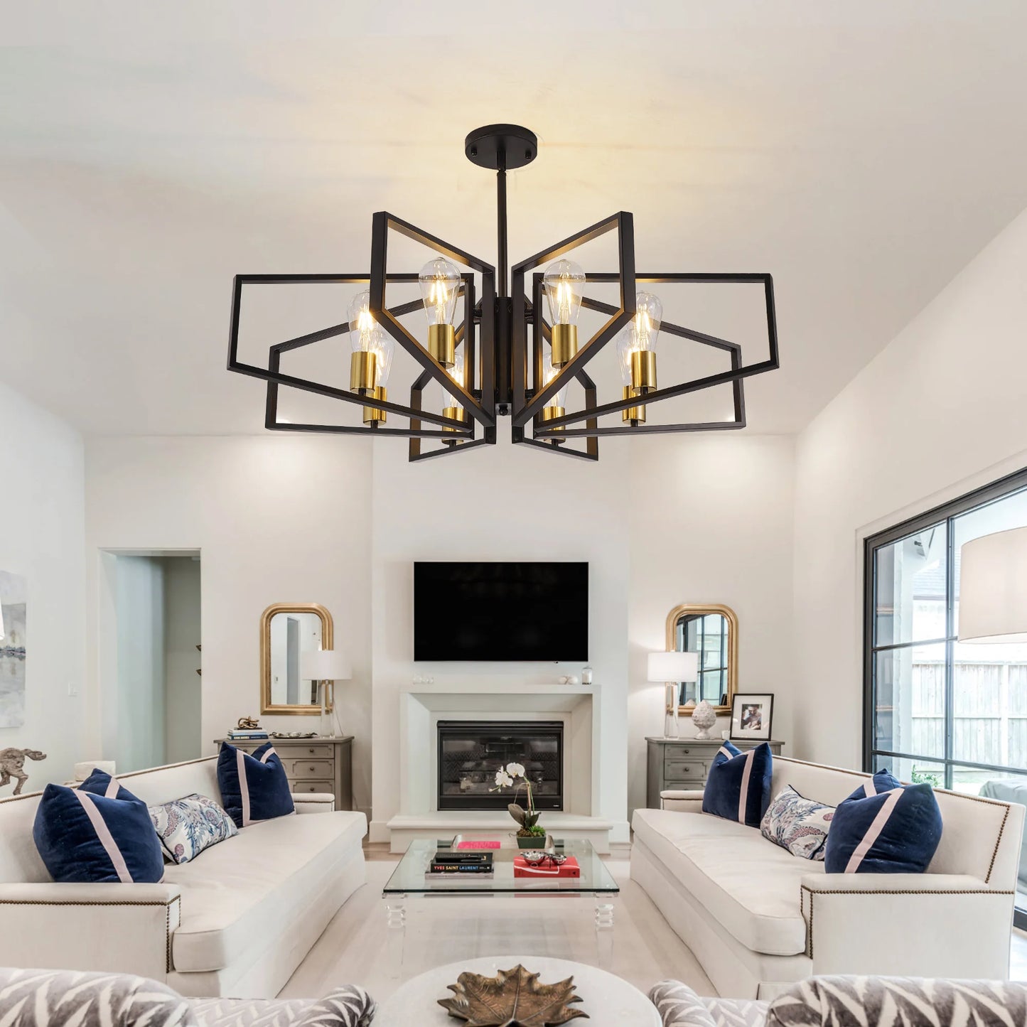 Geometric 8-Light Chandelier With Adjustable Height Metal Pendant