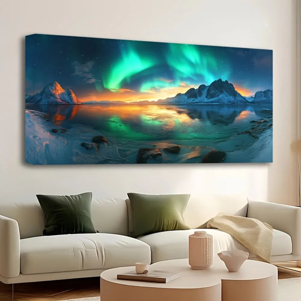 Pine Frame Snow Mountain Aurora Landscape Painting Home Decor