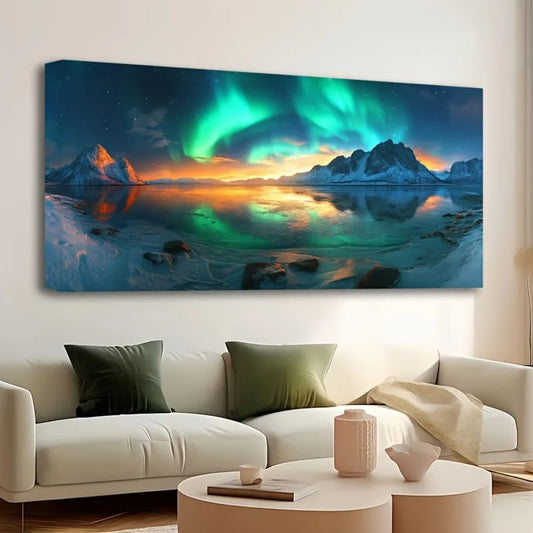 Pine Frame Snow Mountain Aurora Landscape Painting Home Decor
