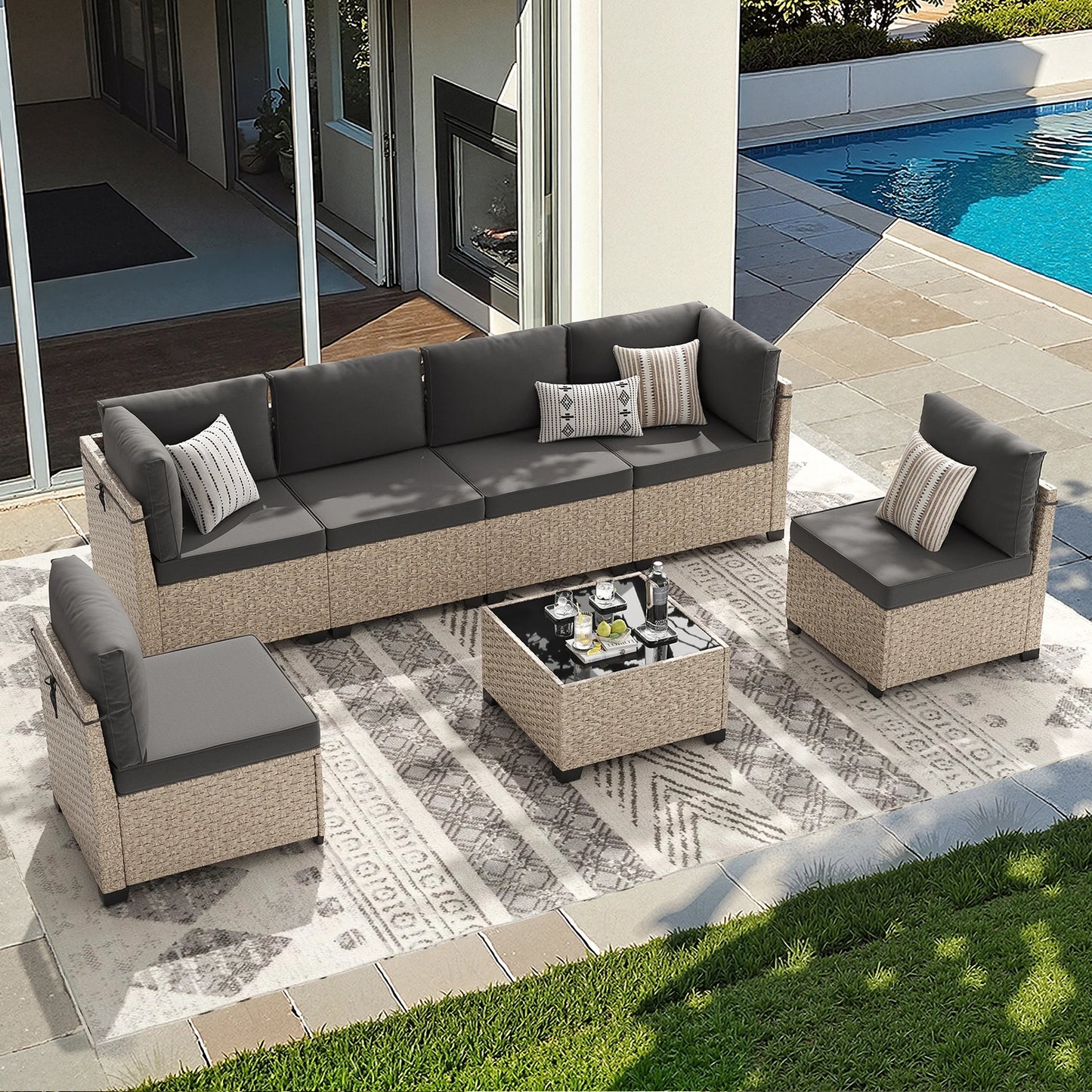 Outdoor Rattan 7-Piece Patio Furniture Set With Tempered Glass Table