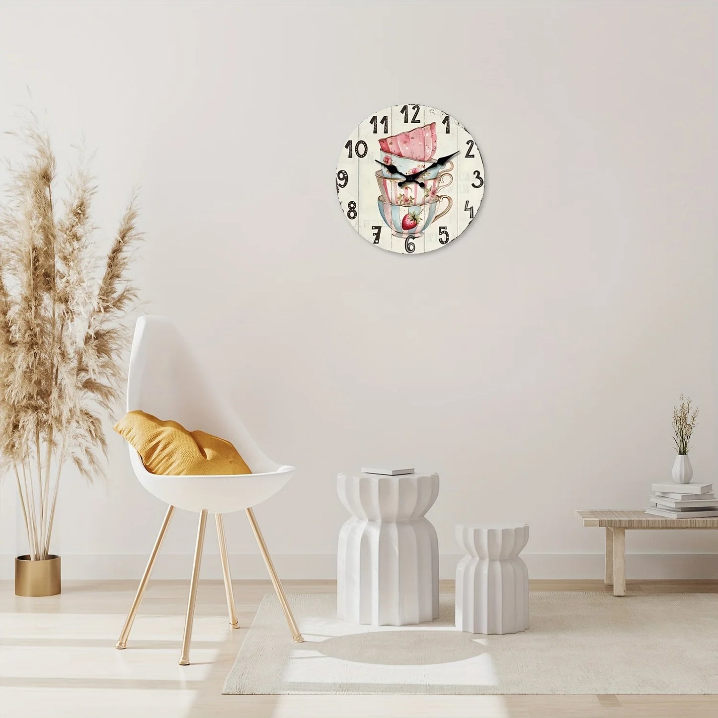 XMSJ Vintage Tea Coffee Cup Wooden Wall Clock Silent Analog