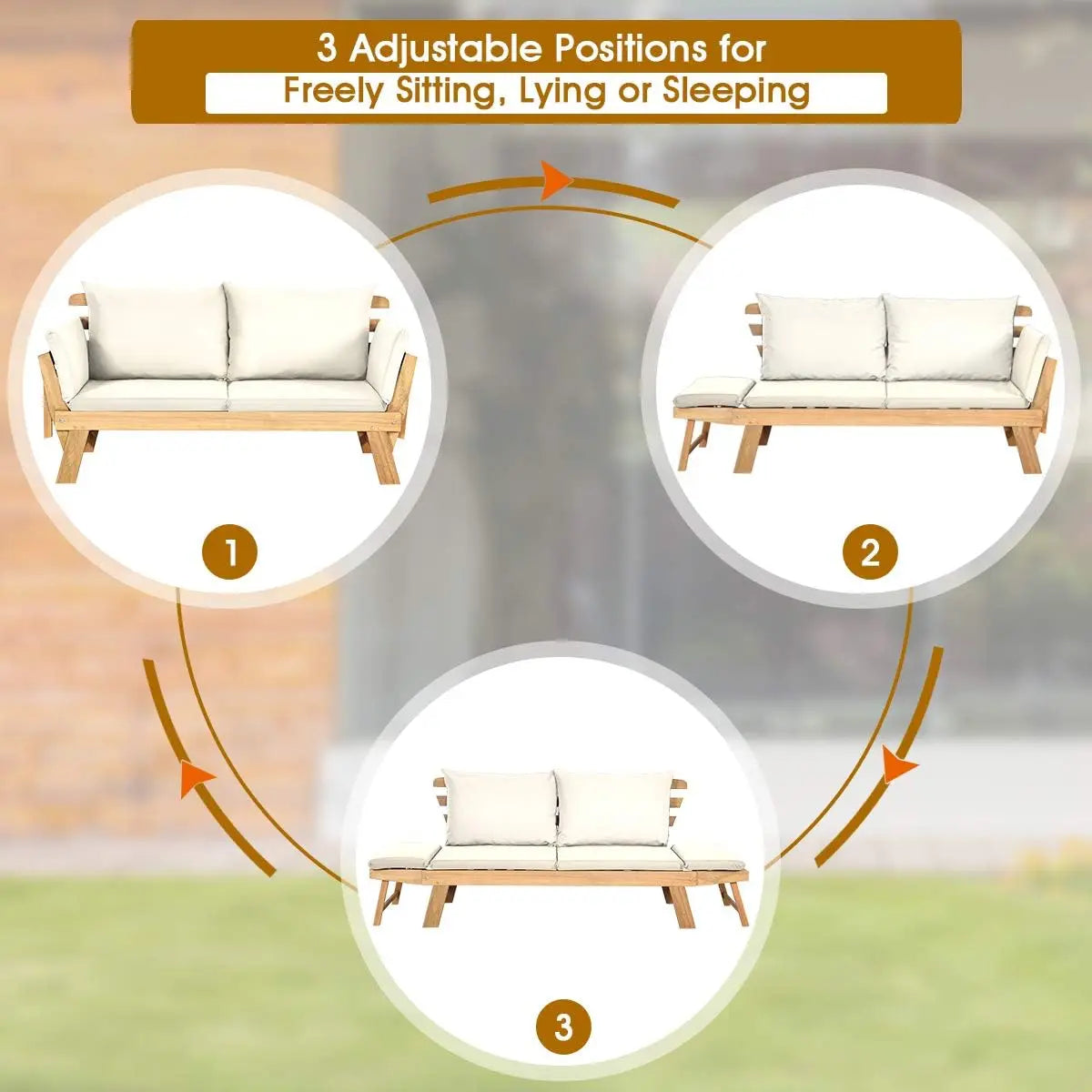 Convertible Acacia Wood Outdoor Sofa Bed With Adjustable Armrest