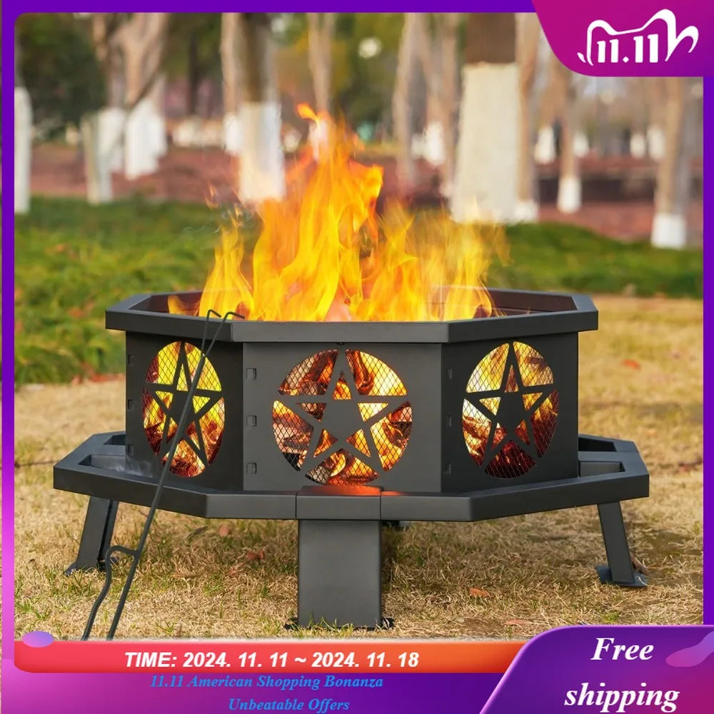 Octagonal Wood Burning Fire Pit For Patio And Outdoor Gatherings