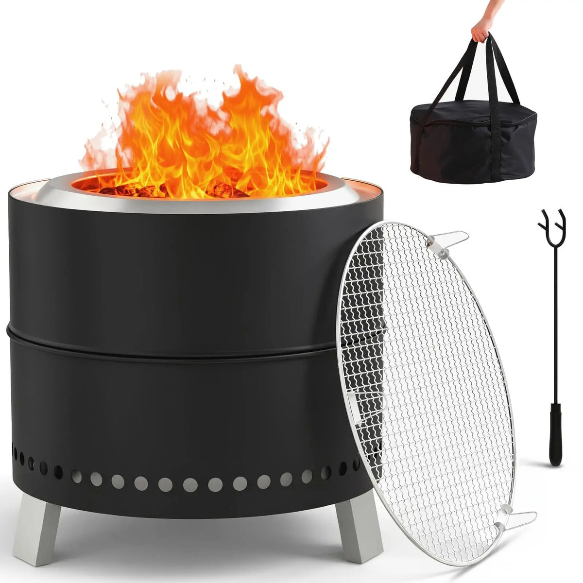Portable Smokeless Stainless Fire Pit With Grill Grate And Accessories