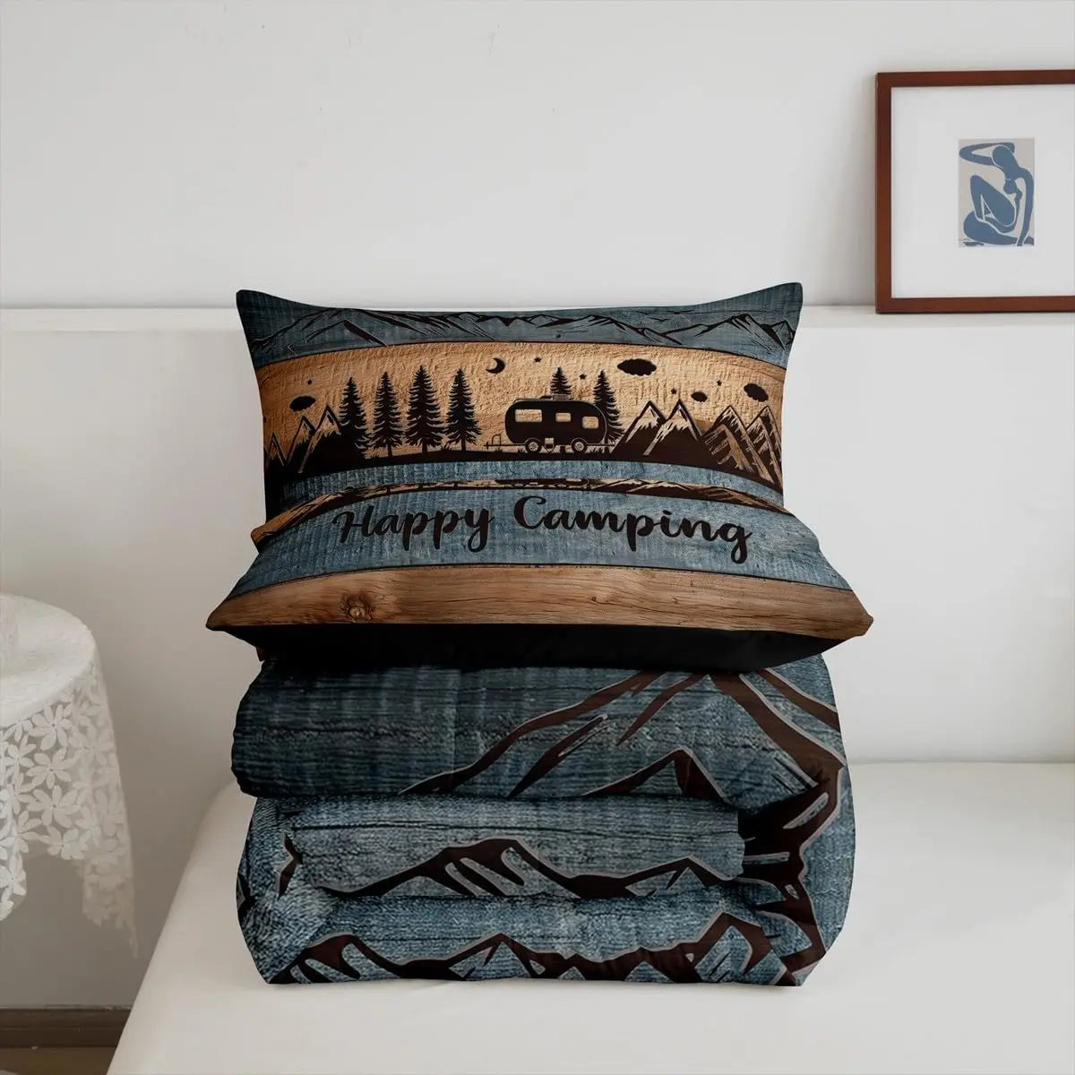 YTYIN Happy Camping Comforter Set With Camper Themed Pillow Cases