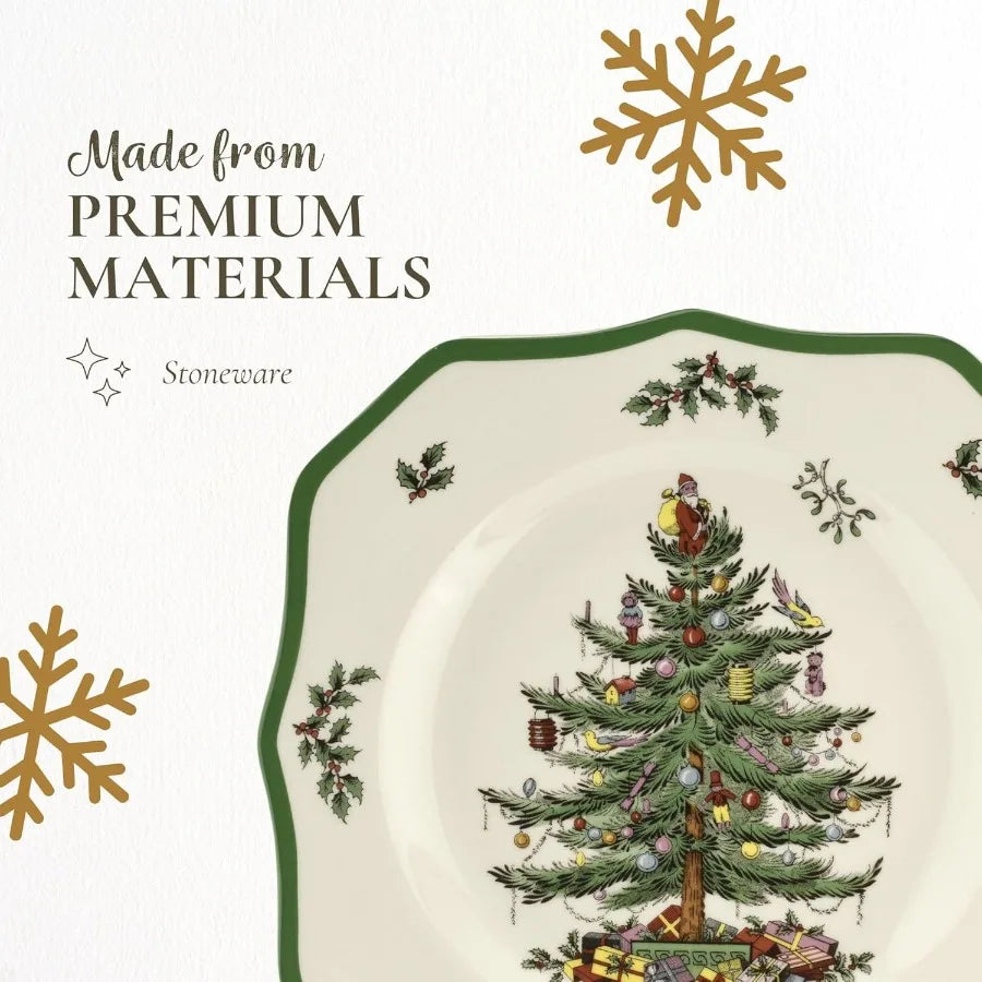 Christmas Tree Scalloped Dinner Plates Set of 4 Stoneware Dishes