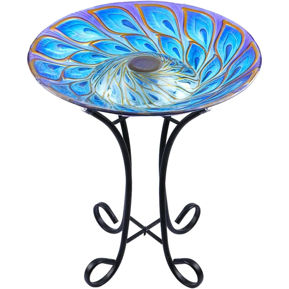 Solar Led Glass Bird Bath With Metal Stand For Garden