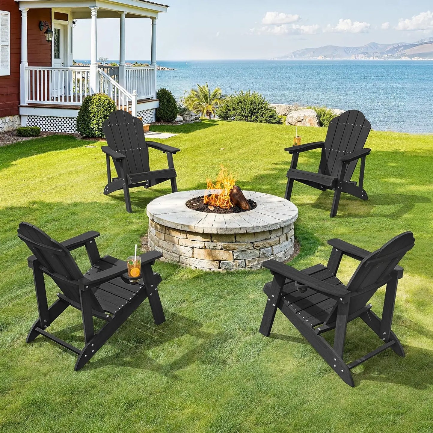 Adirondack Chairs Set of 4 Weather Resistant Outdoor Cup Holder
