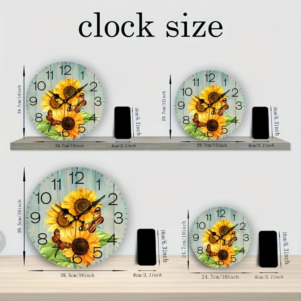 JFHT Wood Sunflower And Butterfly Decorative Silent Wall Clock