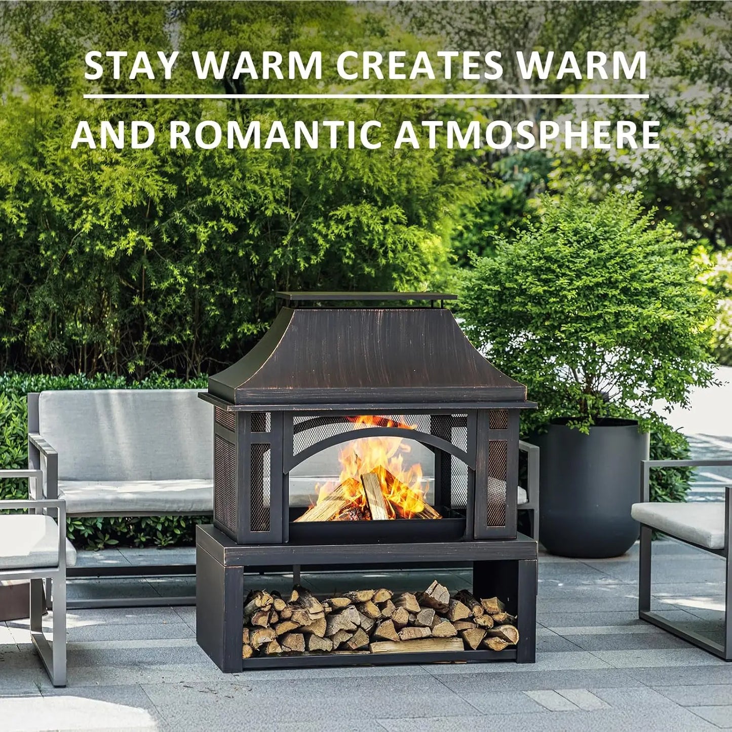 Outdoor Wood Burning Fire Pit With Wood Storage And Chimney