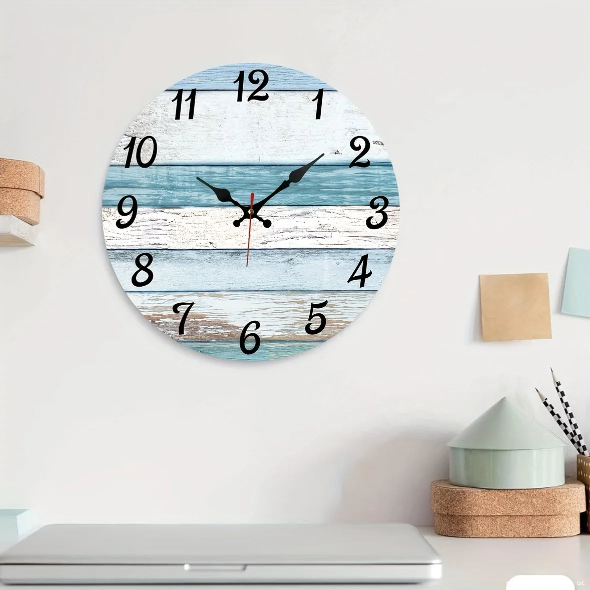 XMSJ Round Wooden Ocean Clock Silent NonTicking Wall Decor