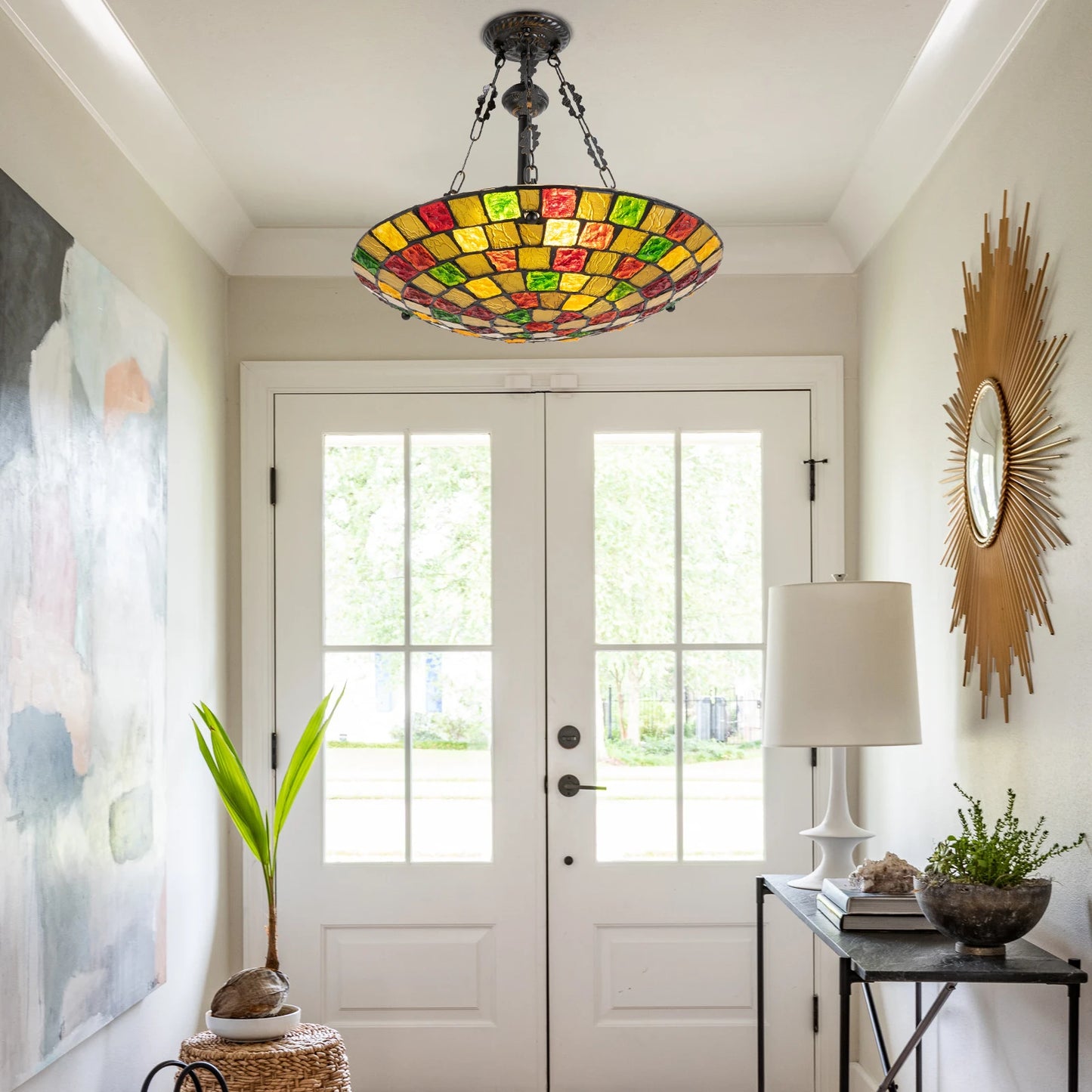 Bymaocar 60W Antique Stained Glass Inverted Tiffany Pendant