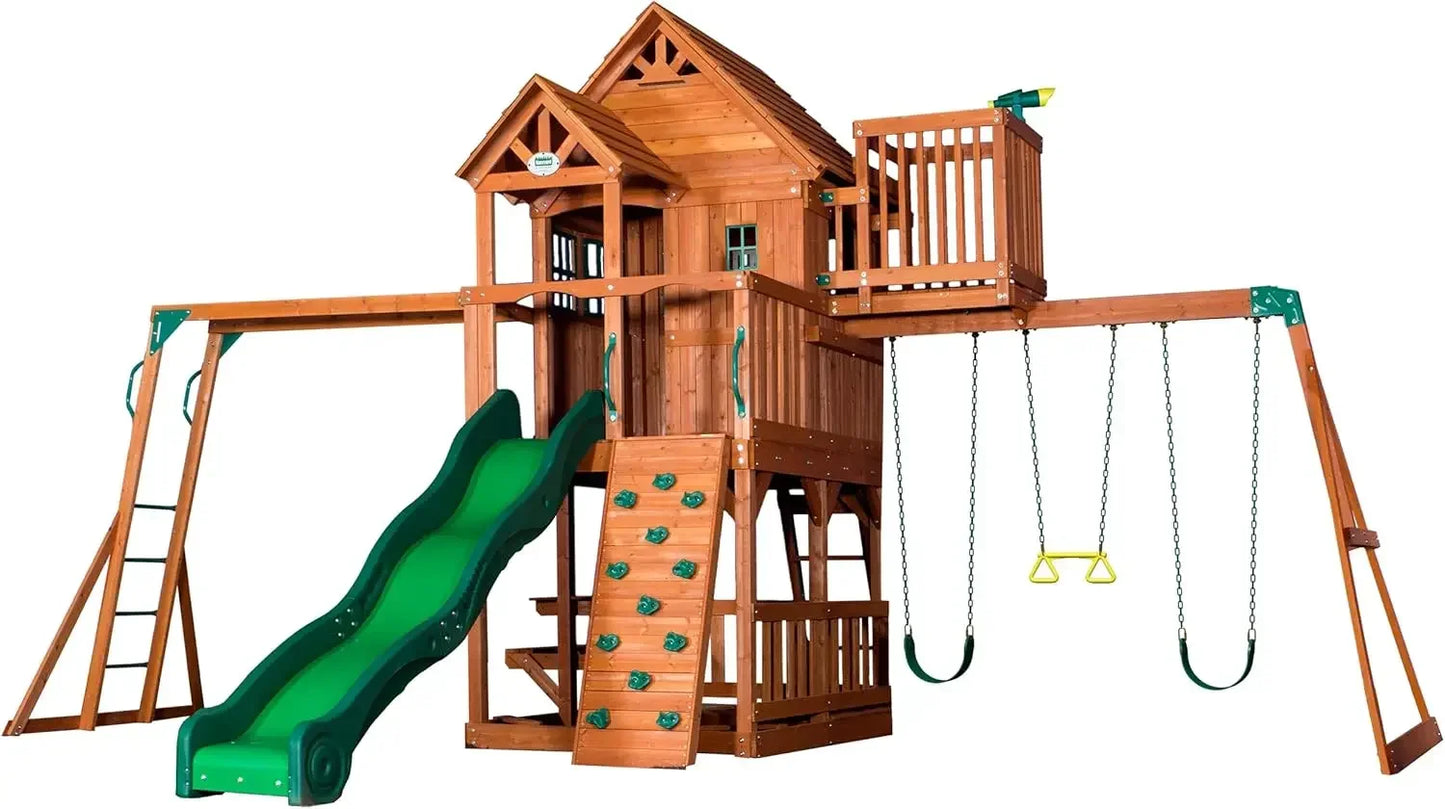Cedar Wood Swing Set With Wave Slide And Monkey Bars