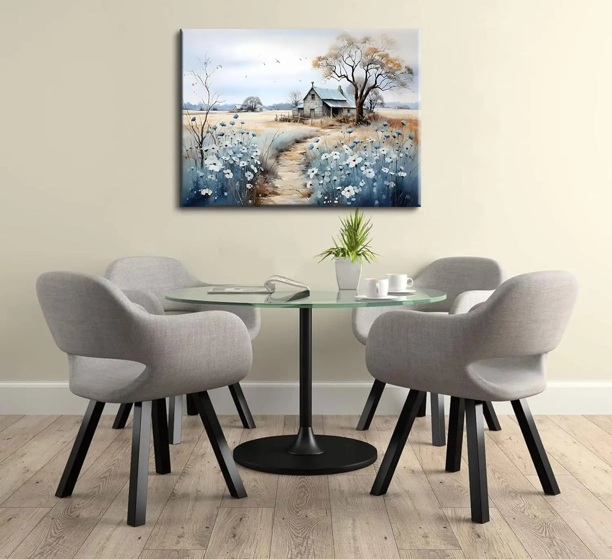 Framed Rustic Farmhouse Canvas Wall Art Wildflowers And Barn Scene