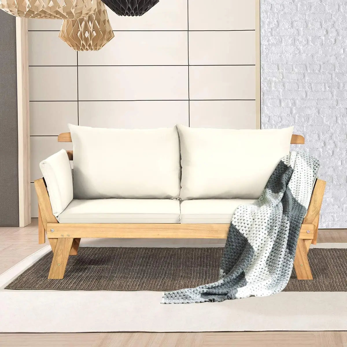 Convertible Acacia Wood Outdoor Sofa Bed With Adjustable Armrest