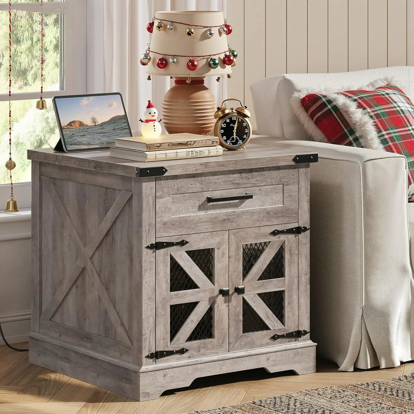 End Table With Charging Station USB Outlet Drawer Wood