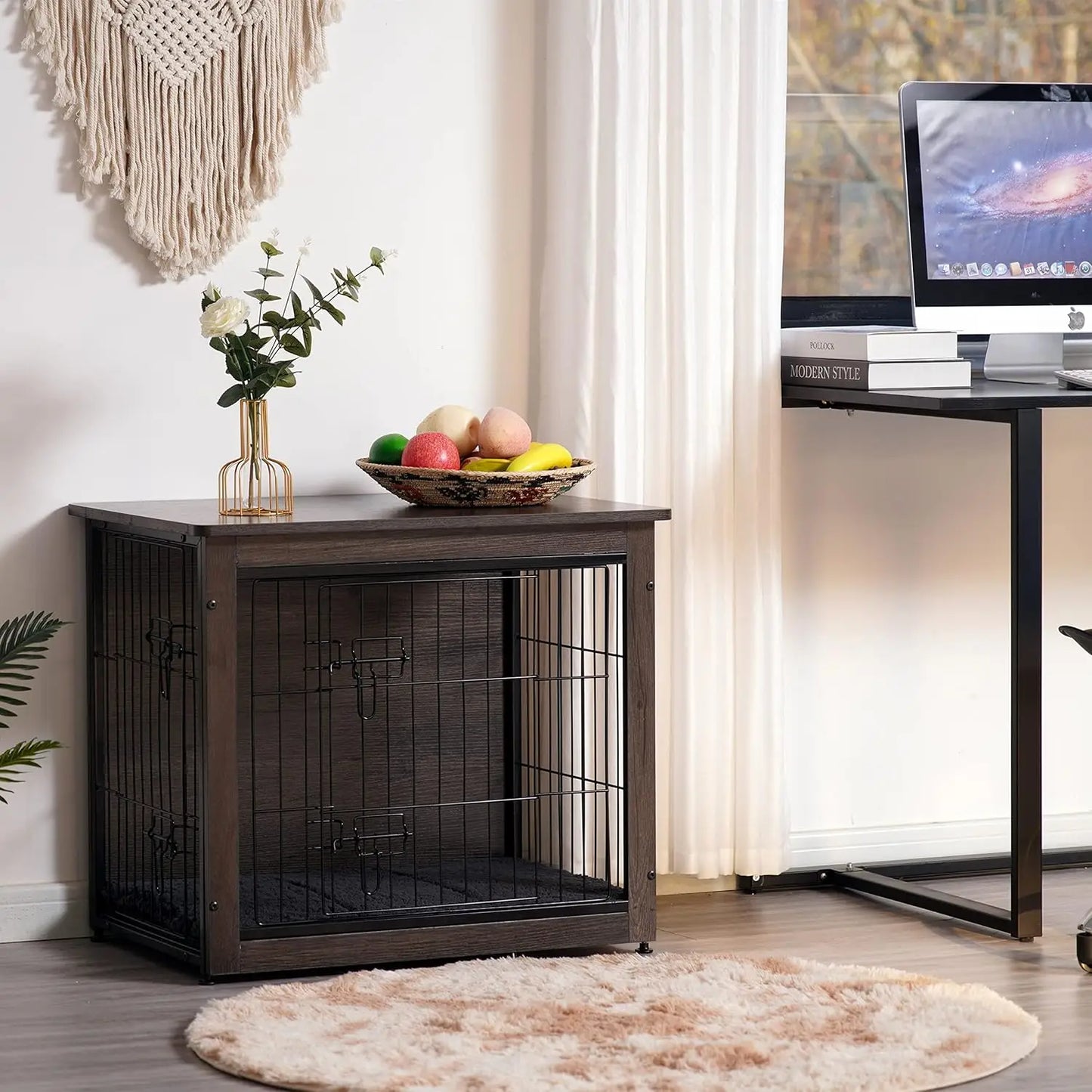 Wooden Dog Crate Furniture With Cushion And Double Doors