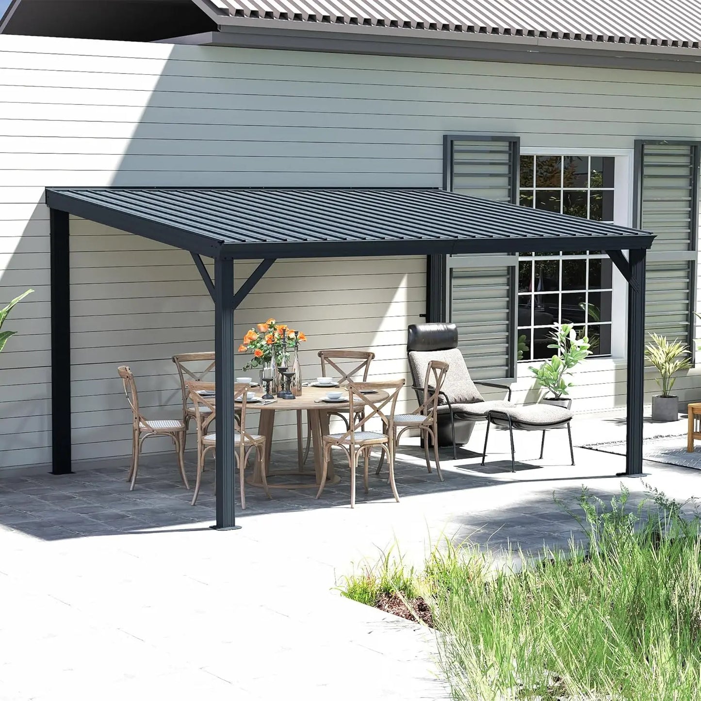 Domi Lean-To Gazebo With Wall Mount Drainage System Galvanized Roof