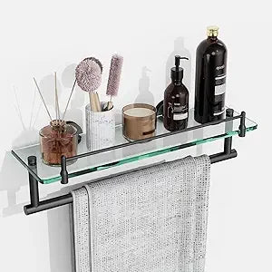 Glass Bathroom Shelf With Towel Bar In Brushed Nickel Finish