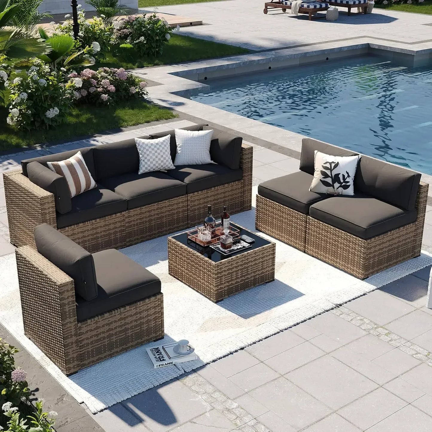 7-Piece Outdoor Patio Furniture Set With Thick Cushions, Wicker Conversation Set