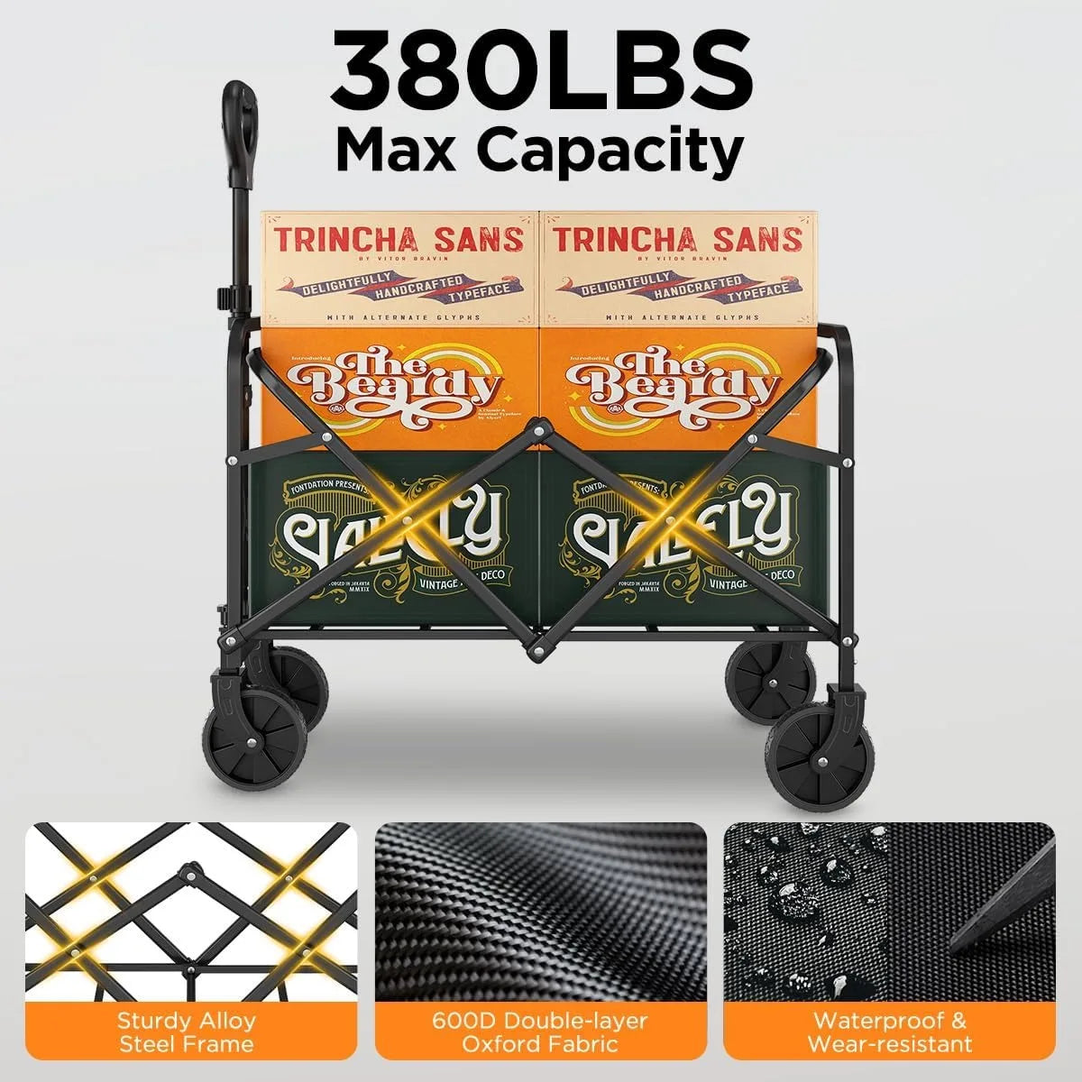 Heavy Duty Folding Garden Wagon With Adjustable Handle For Outdoors