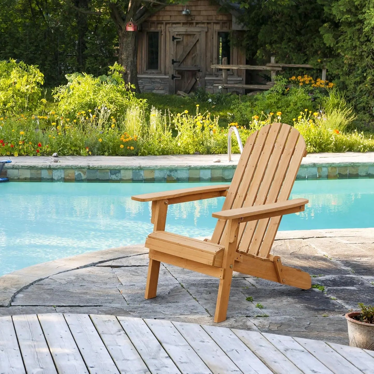 Folding Adirondack Chair Set Outdoor Weather Resistant Wood
