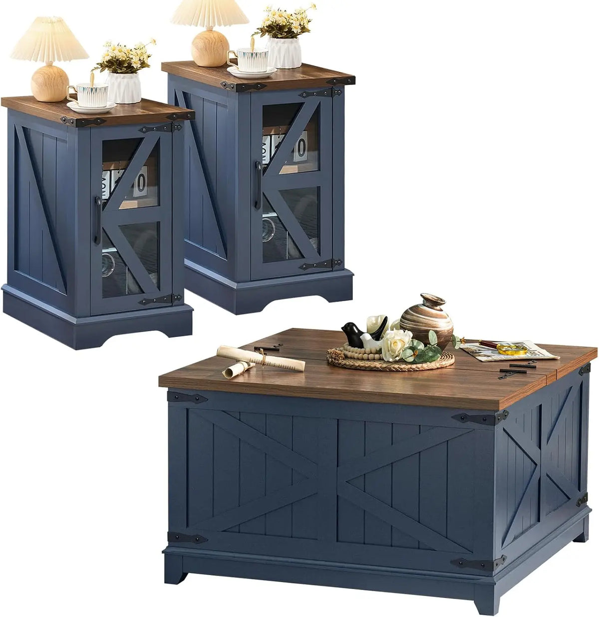 Farmhouse Coffee Table Set with Glass Barn Door Storage