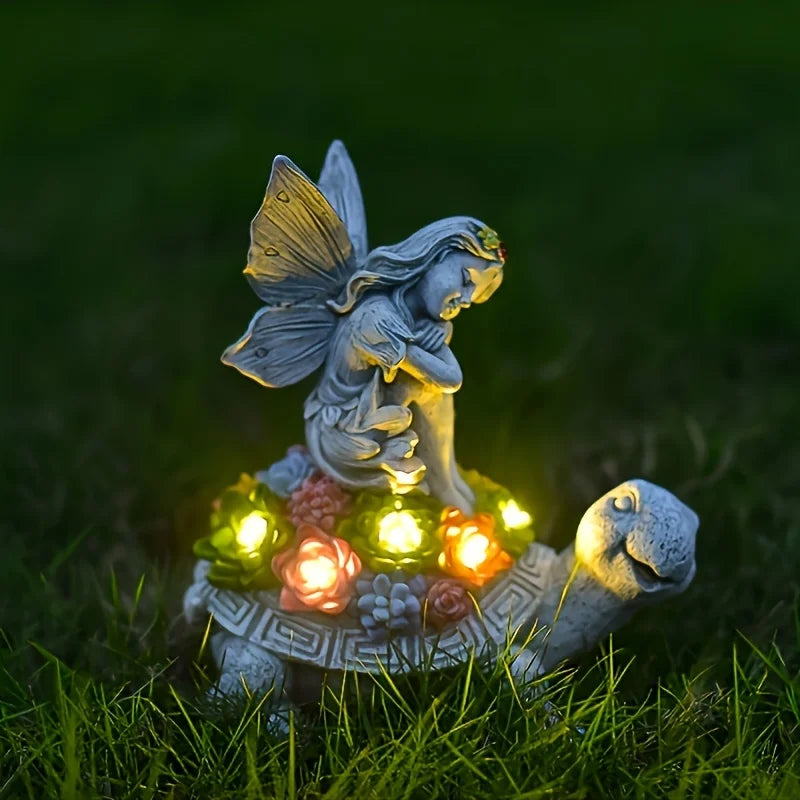 Solar Angel Turtle Resin Statue Garden Decor Outdoor Light