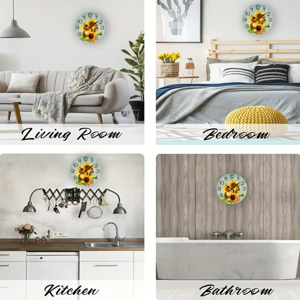 JFHT Wood Sunflower And Butterfly Decorative Silent Wall Clock