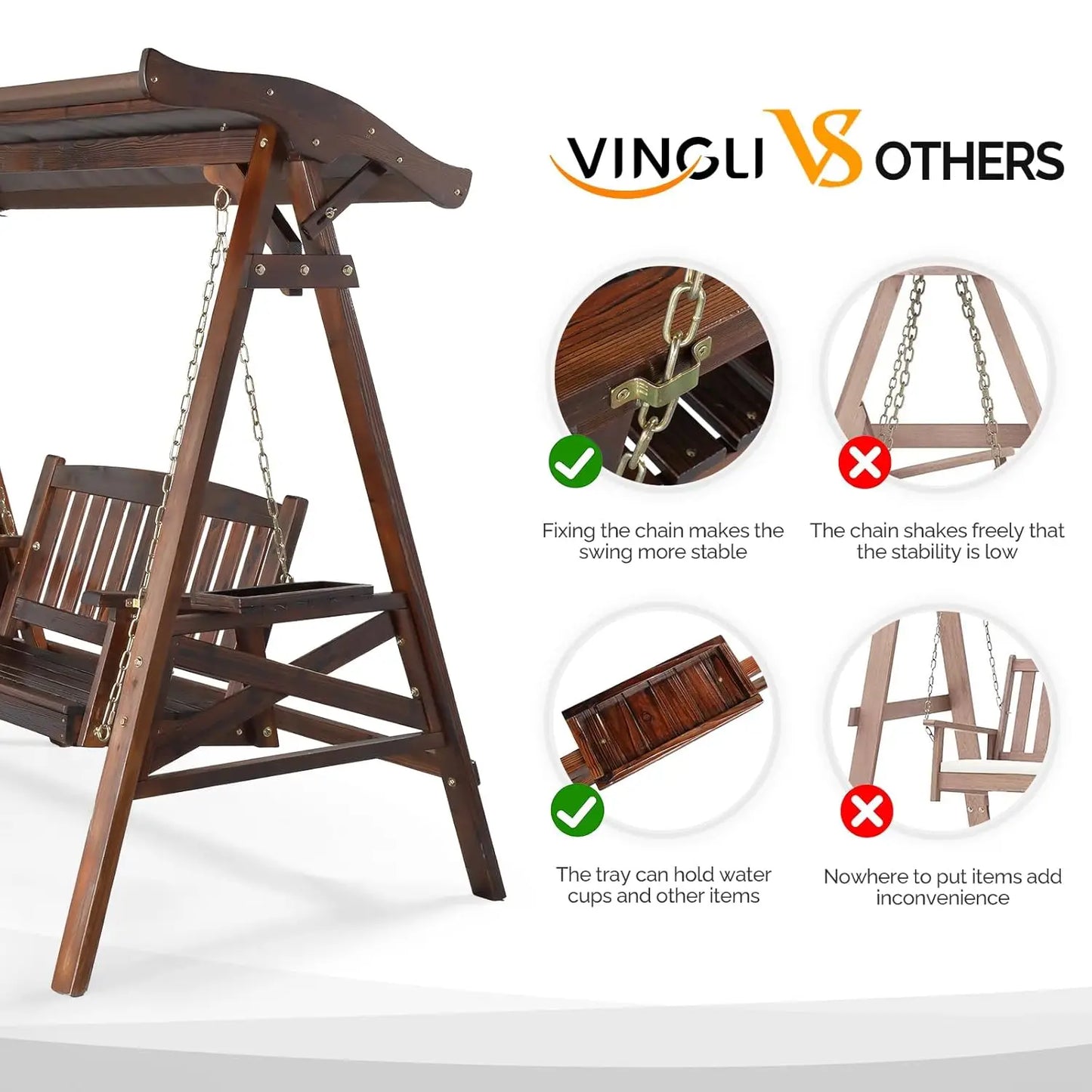HUANZHUANG Waterproof Outdoor Porch Swing With Canopy And Cup Holder