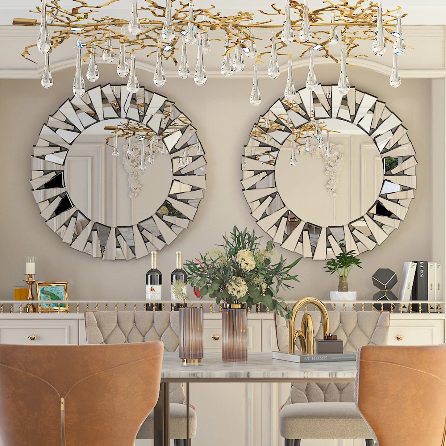 Sunburst Round Wall Mirror With Beveled Glass Wall Decor