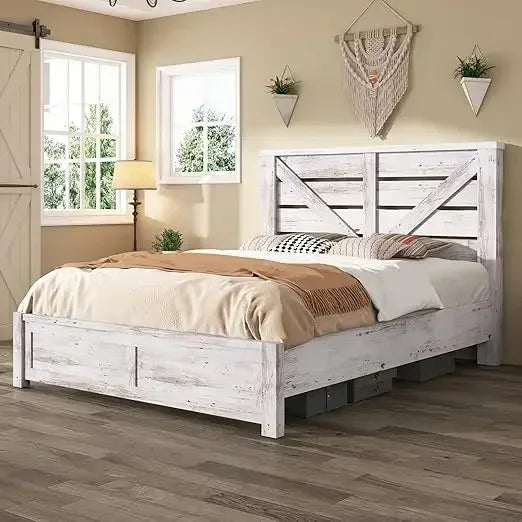 Farmhouse Bed Frame With Barn Door Headboard And Wood Slats