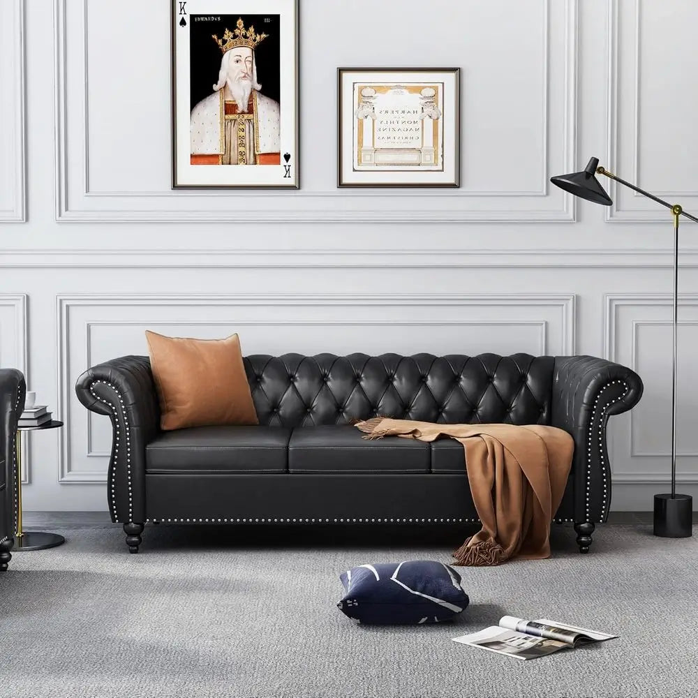 Chesterfield Leather Sofa and Loveseat Set with Scroll Arm Design