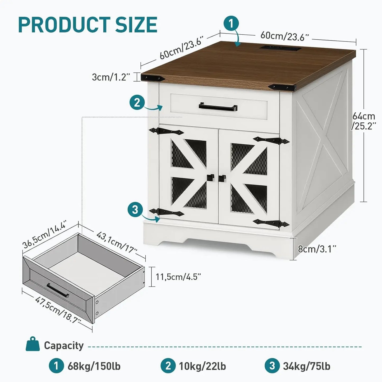 End Table With Charging Station USB Outlet Drawer Wood
