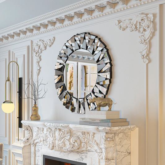 Sunburst Round Wall Mirror With Beveled Glass Wall Decor