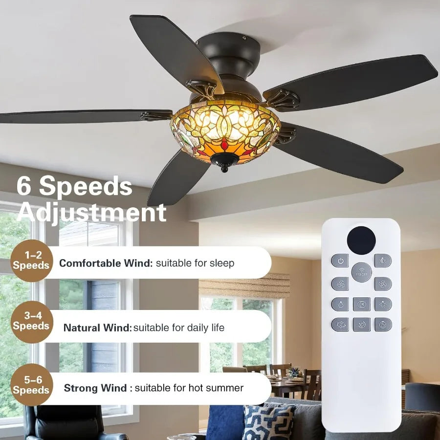 Tiffany Style Six Speed Ceiling Fan With Integrated Lights