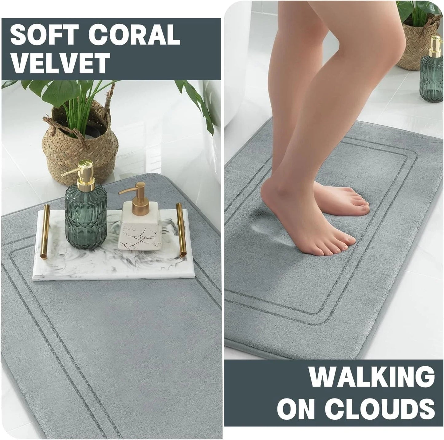 NONECN 3-Piece Absorbent Memory Foam Bath Mats Set Non Slip Quick Dry