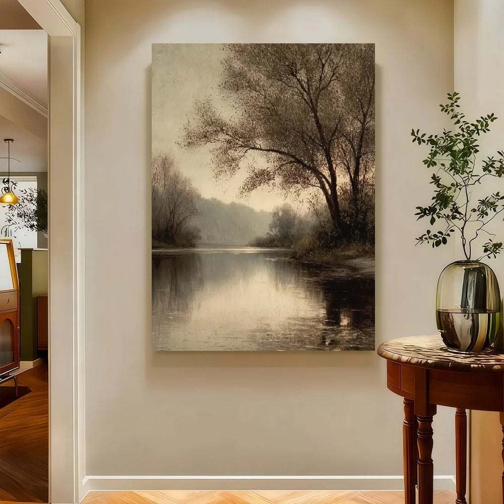 Framed Vintage Moody River Tree Landscape Canvas Wall Art