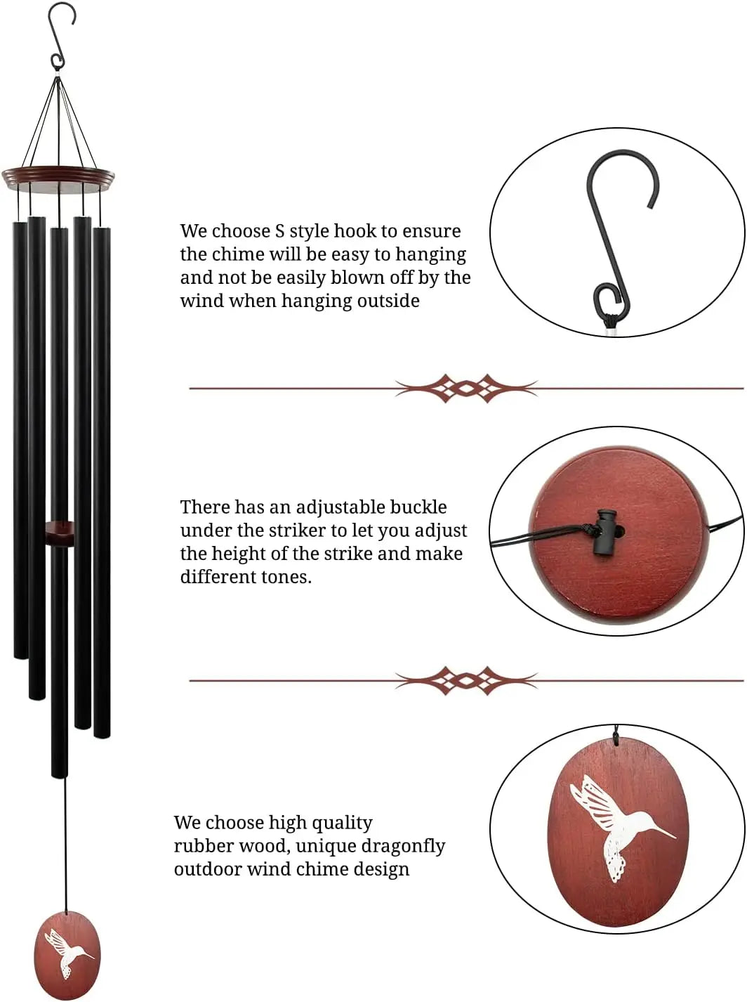 Patio Wind Chimes Deep Tones With 5 Tuned Aluminum Tubes