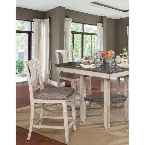 Rustic Plank Design Dining Set With Padded Chairs And Shelf